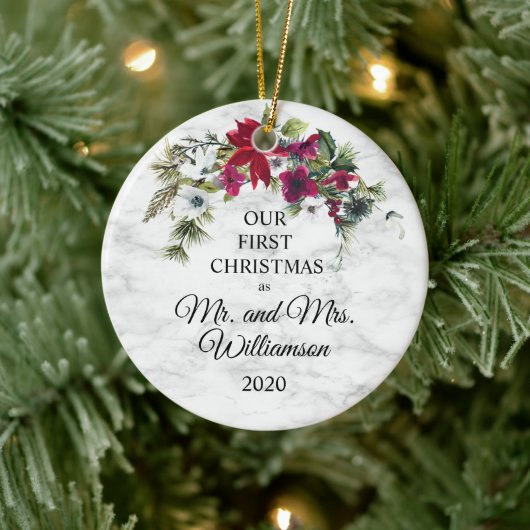 ポインエレガントセチアパイン初めてのクリスマス結婚した セラミックオーナメント (ツリー)