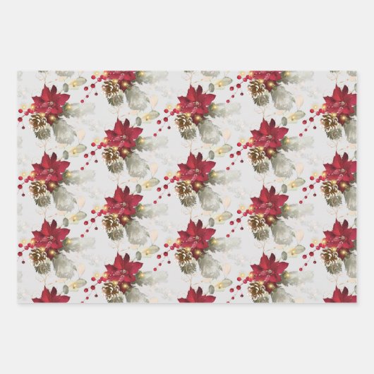 ポインエレガントセチア&ユーカリグリッタークリスマス ラッピングペーパーシート (正面)