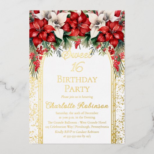ポインエレガントセティアスフローラスウィート16誕生日パーティー 箔招待状 (正面)