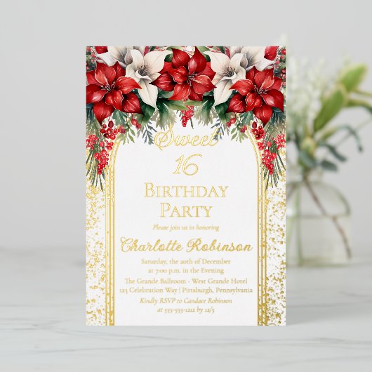 ポインエレガントセティアスフローラスウィート16誕生日パーティー 箔招待状 (立ち正面)