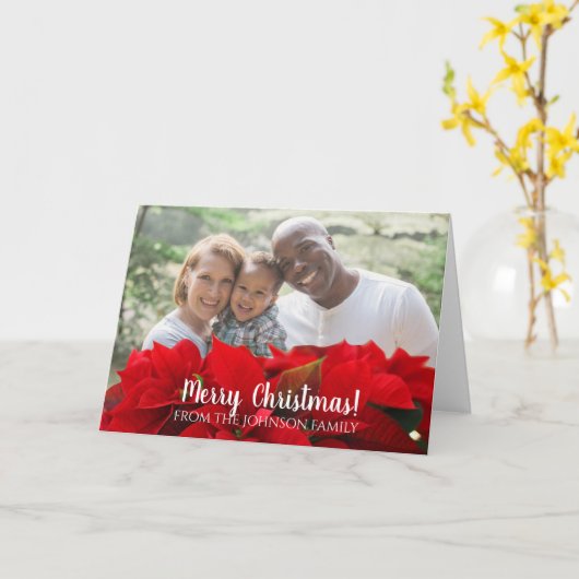 ポインシエッタレッドパーソナライズされたファミリークリスマス カード (黄色い花)