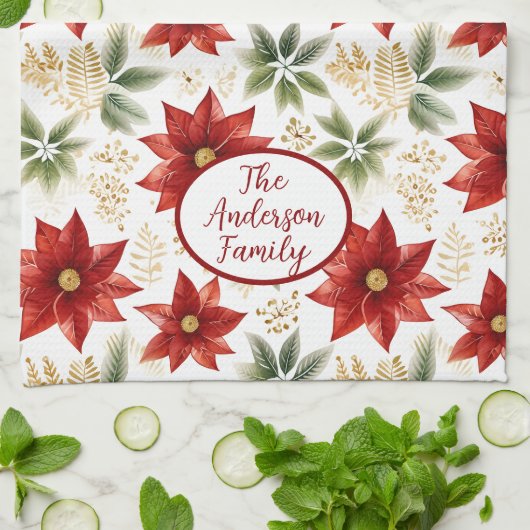 ポインスタイリッシュセチアフローラフラワークリスマス キッチンタオル (折り畳み)