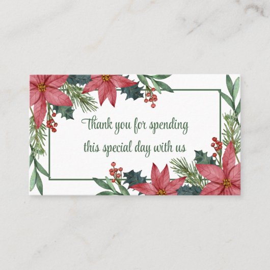 ポインセチアありがとう緑の赤い結婚クリスマス プレイスカード (正面)