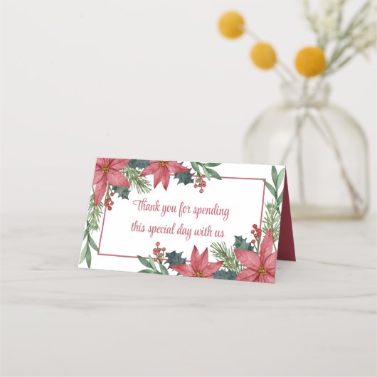 ポインセチアありがとう赤フローラ結婚クリスマス プレイスカード (正面)