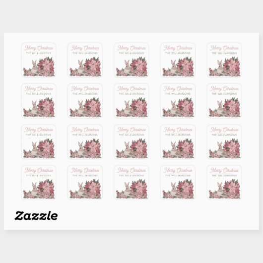 ポインセチアうさぎメリークリスマスピンク スクエアシール (シート)