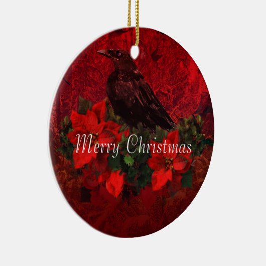 ポインセチアおよびヒイラギのクリスマスのオーナメントのカラス セラミックオーナメント (右)