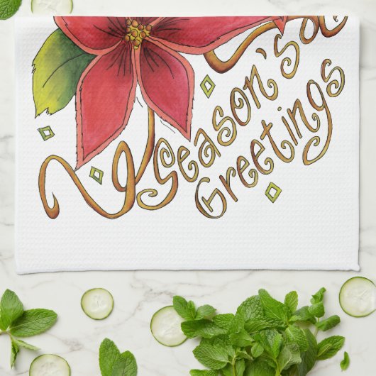 ポインセチアさんとのキュートなクリスマスシーズンのご挨拶 キッチンタオル (折り畳み)