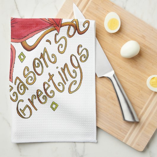 ポインセチアさんとのキュートなクリスマスシーズンのご挨拶 キッチンタオル (四つ折り)