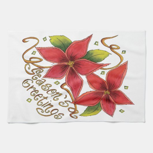 ポインセチアさんとのキュートなクリスマスシーズンのご挨拶 キッチンタオル (横)