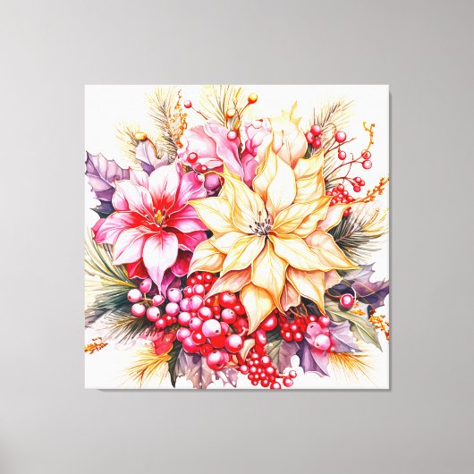 ポインセチアとクリスマスホリー キャンバスプリント (正面)