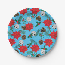 ポインセチアとシルバーベルのブルー紙プレート