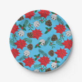ポインセチアとシルバーベルのブルー紙プレート ペーパープレート