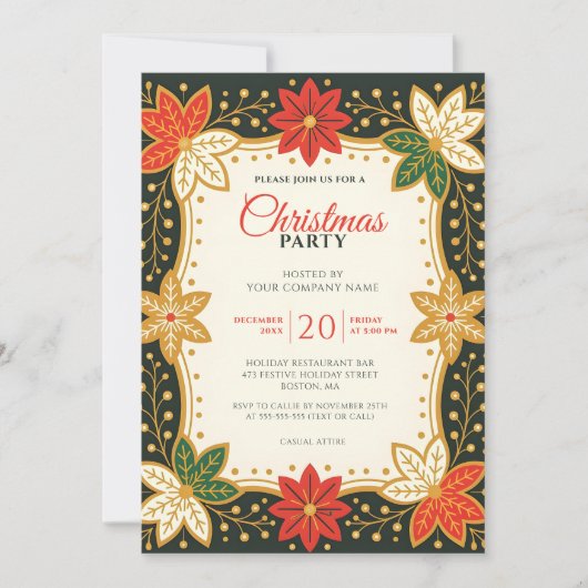 ポインセチアとスノーフレーク企業ののクリスマスパーティー 招待状 (正面)