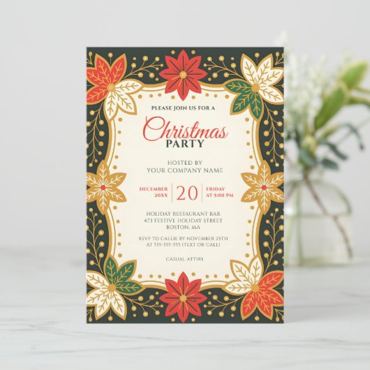 ポインセチアとスノーフレーク企業ののクリスマスパーティー 招待状 (スタンド正面)