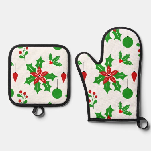 ポインセチアとホリーの白 鍋つかみ&鍋敷きセット (正面)