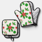 ポインセチアとホリーの白 鍋つかみ&鍋敷きセット (正面/裏面)