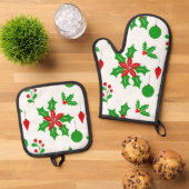 ポインセチアとホリーの白 鍋つかみ&鍋敷きセット (トップダウン)