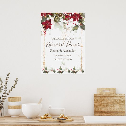 ポインセチアとホリーの結婚式リハーサルディナー ウェルカムサイン ポスター (キッチン)