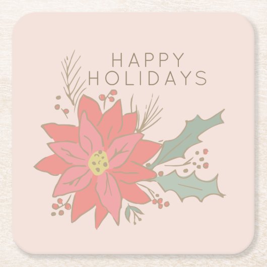 ポインセチアとホリースプレーの休日 スクエアペーパーコースター (正面)