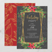 ポインセチアとホリーデイの赤とグレーのパーティー 招待状 (正面/裏面)