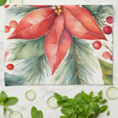 ポインセチアとホリーベリーのクリスマス キッチンタオル (折り畳み)