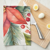 ポインセチアとホリーベリーのクリスマス キッチンタオル (四つ折り)