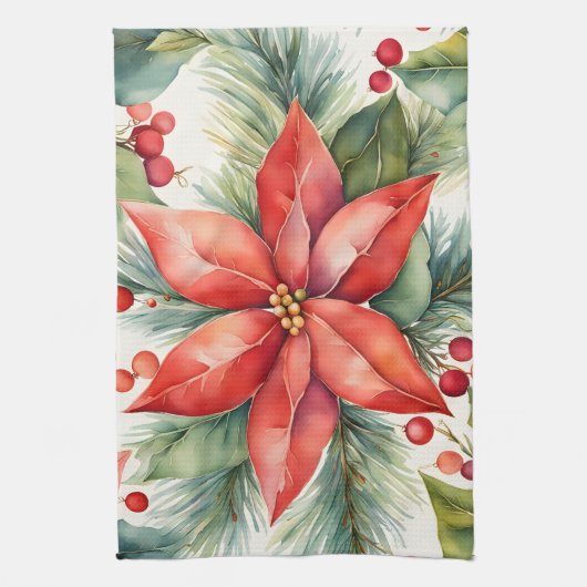 ポインセチアとホリーベリーのクリスマス キッチンタオル (縦)
