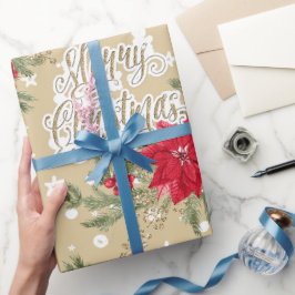 ポインセチアとホリーベリーのクリスマス ラッピングペーパー