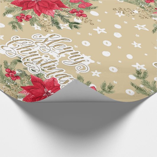 ポインセチアとホリーベリーのクリスマス ラッピングペーパー (角)