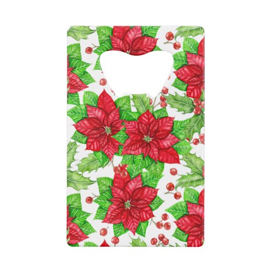 ポインセチアとホリーベリーの水色クリスマス クレジットカード栓抜き (正面)