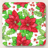 ポインセチアとホリーベリーの水色クリスマス コースター (正面)