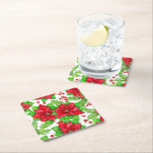 ポインセチアとホリーベリーの水色クリスマス スクエアペーパーコースター (インサイチュ)
