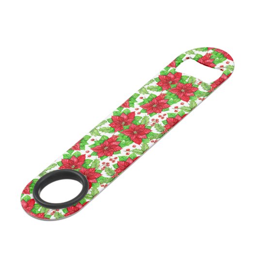 ポインセチアとホリーベリーの水色クリスマス スピード栓抜き (正面アングル)