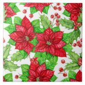 ポインセチアとホリーベリーの水色クリスマス タイル (正面)