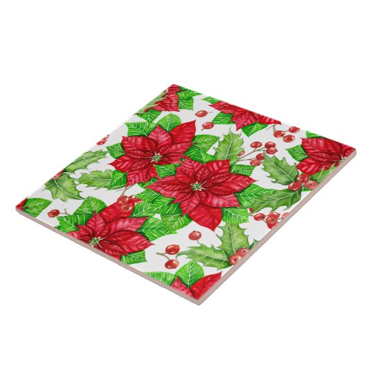 ポインセチアとホリーベリーの水色クリスマス タイル (側面)