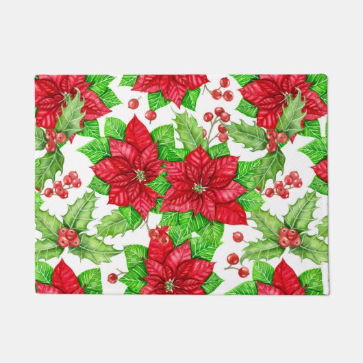 ポインセチアとホリーベリーの水色クリスマス ドアマット (正面)