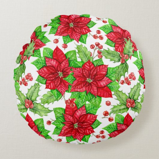 ポインセチアとホリーベリーの水色クリスマス ラウンドクッション (正面)
