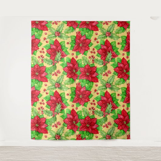 ポインセチアとホリーベリーの水色 タペストリー (正面)