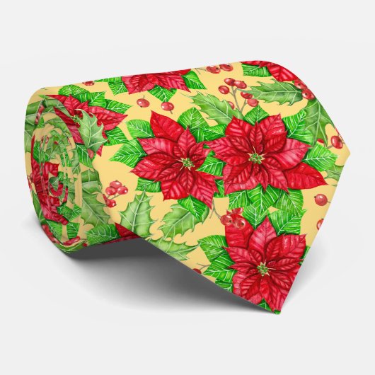 ポインセチアとホリーベリーの水色 ネクタイ (ロール)