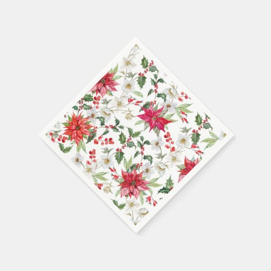 ポインセチアとホワイトのクリスマスフローラルパターン スタンダードカクテルナプキン (角)