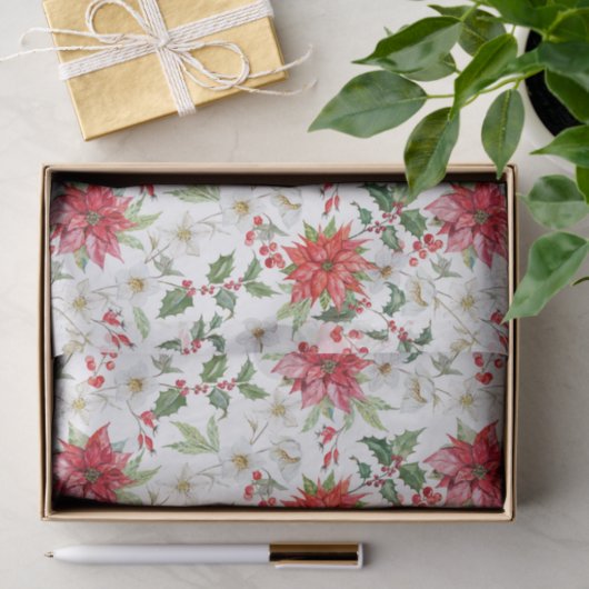 ポインセチアとホワイトのクリスマスフローラルパターン 薄葉紙 (ギフト)