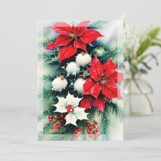 ポインセチアとホーリーのスワッグを使ったお手頃なクリスマス シーズンカード (スタンド正面)