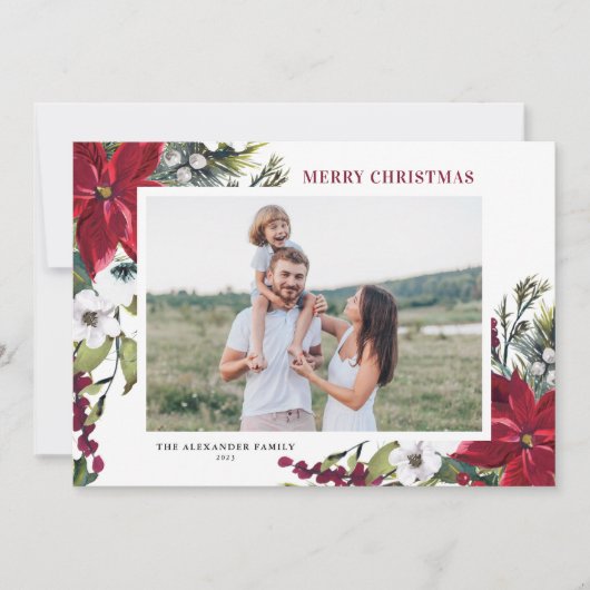 ポインセチアとモミ葉のクリスマスの写真 シーズンカード (正面)