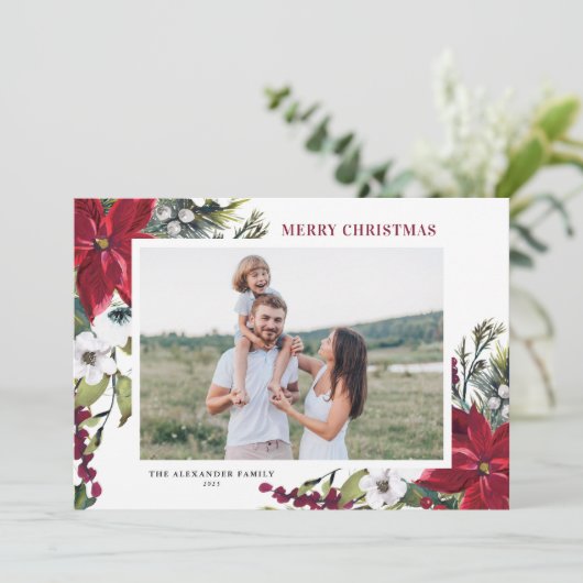 ポインセチアとモミ葉のクリスマスの写真 シーズンカード (スタンド正面)