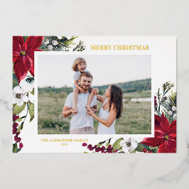 ポインセチアとモミ葉のクリスマスの写真 箔シーズンカード