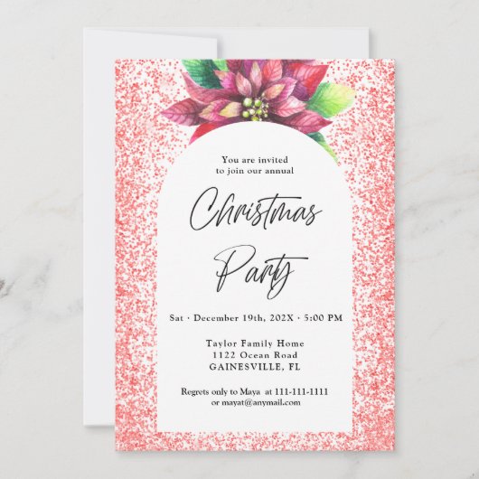 ポインセチアとレッドグリッタークリスマスパーティー 招待状 (正面)