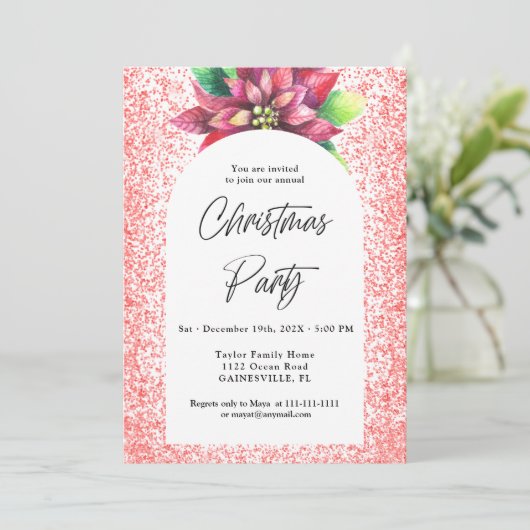 ポインセチアとレッドグリッタークリスマスパーティー 招待状 (スタンド正面)