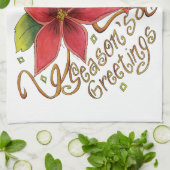 ポインセチアと一緒にキュートなクリスマスシーズンのご挨 キッチンタオル (折り畳み)