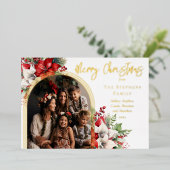 ポインセチアと松のアーチ写真メリークリスマス 箔シーズンカード (立ち正面)