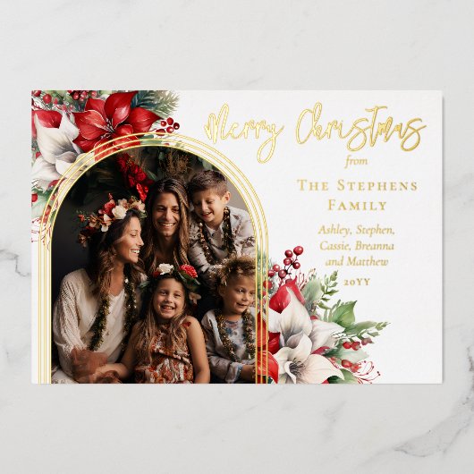 ポインセチアと松のアーチ写真メリークリスマス 箔シーズンカード (正面)